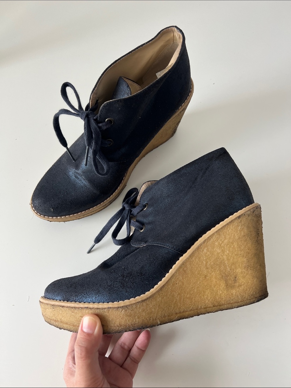 Stella McCartney Black vegan Suede Lace-Up Wedge Ankle Boots Tan Platform 40 US9